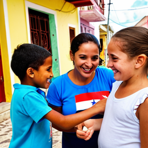 Home 16 **Community Volunteering in Cuba**:
"A vibrant scene depicting volunteers engaging with local children in a Cuban community, focusing on literacy activities. The setting should showcase colorful buildings and smiling faces, highlighting the joy of learning and cultural exchange."