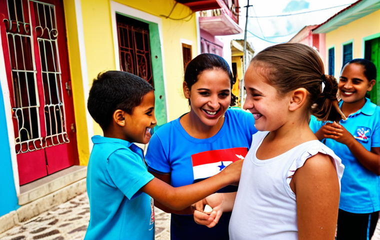 **Community Volunteering in Cuba**:
   "A vibrant scene depicting volunteers engaging with local children in a Cuban community, focusing on literacy activities. The setting should showcase colorful buildings and smiling faces, highlighting the joy of learning and cultural exchange."
