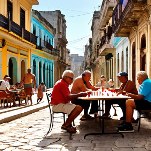 Home 15 A bustling and colorful street scene in Old Havana, Cuba. The foreground features weathered cobblestone streets and vibrant colonial buildings, some with charming peeling paint and intricate wrought iron balconies. Elderly Cuban men are deeply engrossed in a game of dominoes on a sidewalk table, while a group of locals spontaneously plays lively salsa music nearby. The air is warm and filled with the scent of coffee, bathed in the soft, golden light of late afternoon. High detail, authentic, candid street photography style.