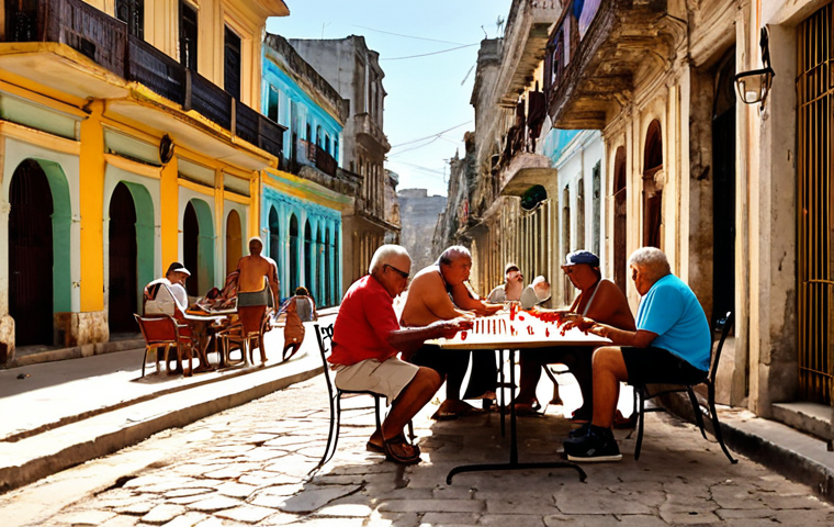 A bustling and colorful street scene in Old Havana, Cuba. The foreground features weathered cobblestone streets and vibrant colonial buildings, some with charming peeling paint and intricate wrought iron balconies. Elderly Cuban men are deeply engrossed in a game of dominoes on a sidewalk table, while a group of locals spontaneously plays lively salsa music nearby. The air is warm and filled with the scent of coffee, bathed in the soft, golden light of late afternoon. High detail, authentic, candid street photography style.