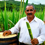 A skilled Cuban Maestro Ronero, an adult man, standing in professional, modest work attire amidst lush green sugarcane fields. In the background, a traditional rum distillery building and stacked oak barrels are visible. He holds a fresh sugarcane stalk, demonstrating the origin of the rum. The image features perfect anatomy, correct proportions, natural pose, well-formed hands, and proper finger count. Professional photography, high quality, safe for work, appropriate content, fully clothed, professional.