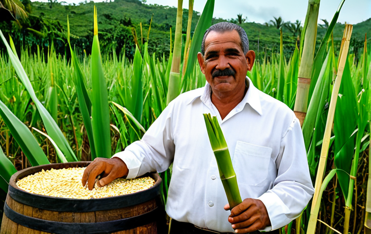 A skilled Cuban Maestro Ronero, an adult man, standing in professional, modest work attire amidst lush green sugarcane fields. In the background, a traditional rum distillery building and stacked oak barrels are visible. He holds a fresh sugarcane stalk, demonstrating the origin of the rum. The image features perfect anatomy, correct proportions, natural pose, well-formed hands, and proper finger count. Professional photography, high quality, safe for work, appropriate content, fully clothed, professional.